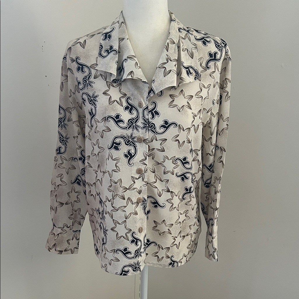 Escada Black And Cream Star Pattern Silk Blouse Sz (34) 6
